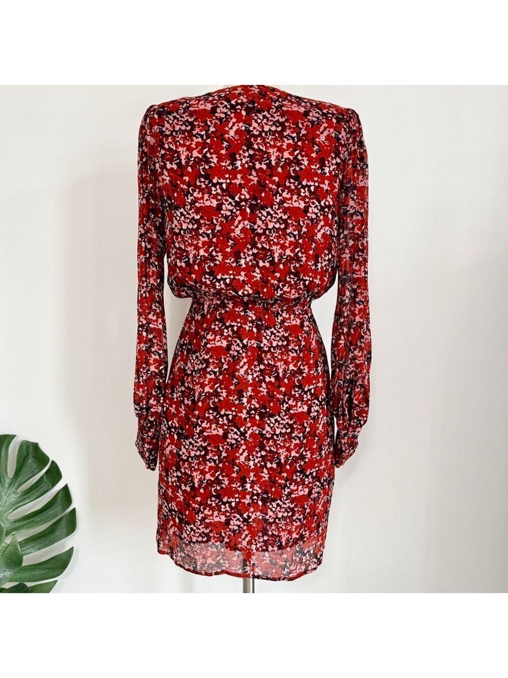 The Kooples Red Floral Long Sheer Sleeve Mini Wrap Dress Womens Size 0 Paris - Picture 6 of 15